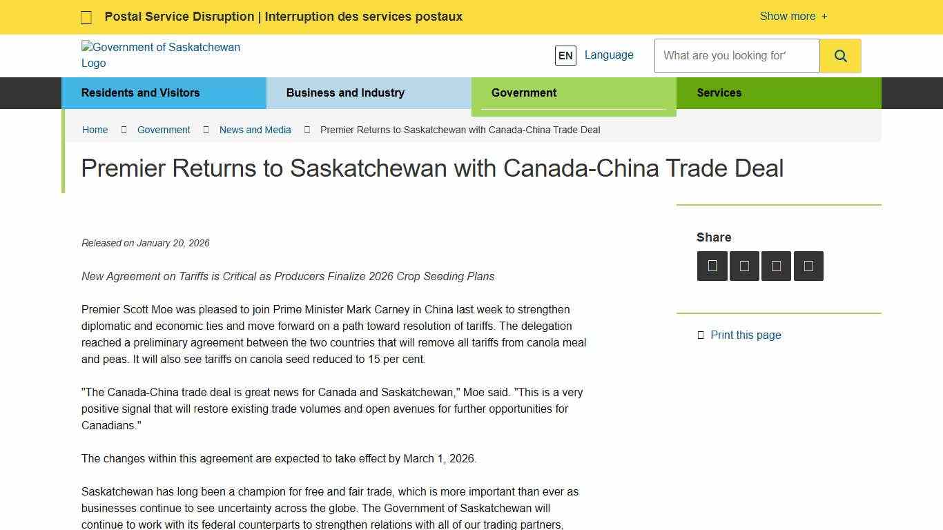 Premier Returns to Saskatchewan with Canada-China Trade Deal | News and Media | Government of Saskatchewan